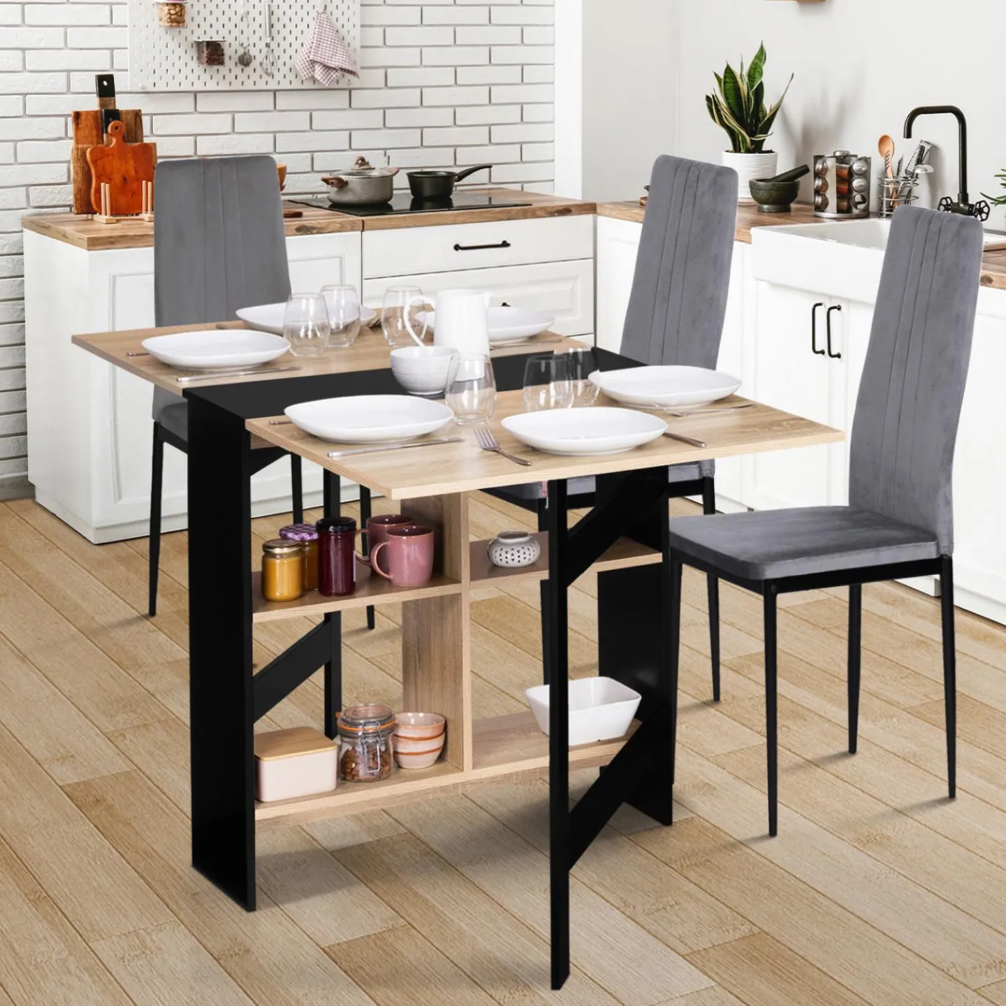 Table pliante noire plateau bois avec double rangement central*IDMarket Online