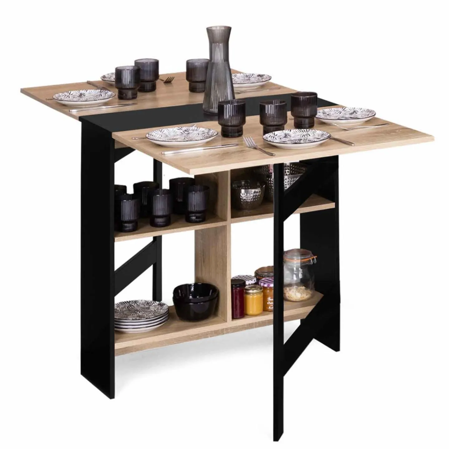 Table pliante noire plateau bois avec double rangement central*IDMarket Online