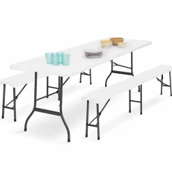 Table pliante portable blanche 1m80 et 2 bancs pliables*IDMarket Best