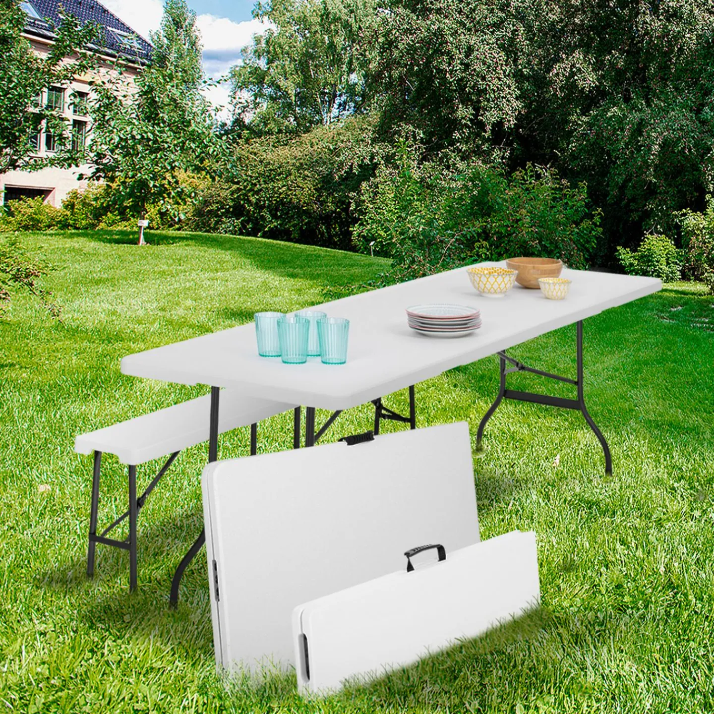 Table pliante portable blanche 1m80 et 2 bancs pliables*IDMarket Best