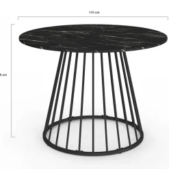 Table ronde à manger 110cm 6 personnes plateau effet marbre noir et pied filaire métal noir*IDMarket