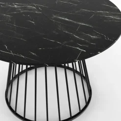 Table ronde à manger 110cm 6 personnes plateau effet marbre noir et pied filaire métal noir*IDMarket