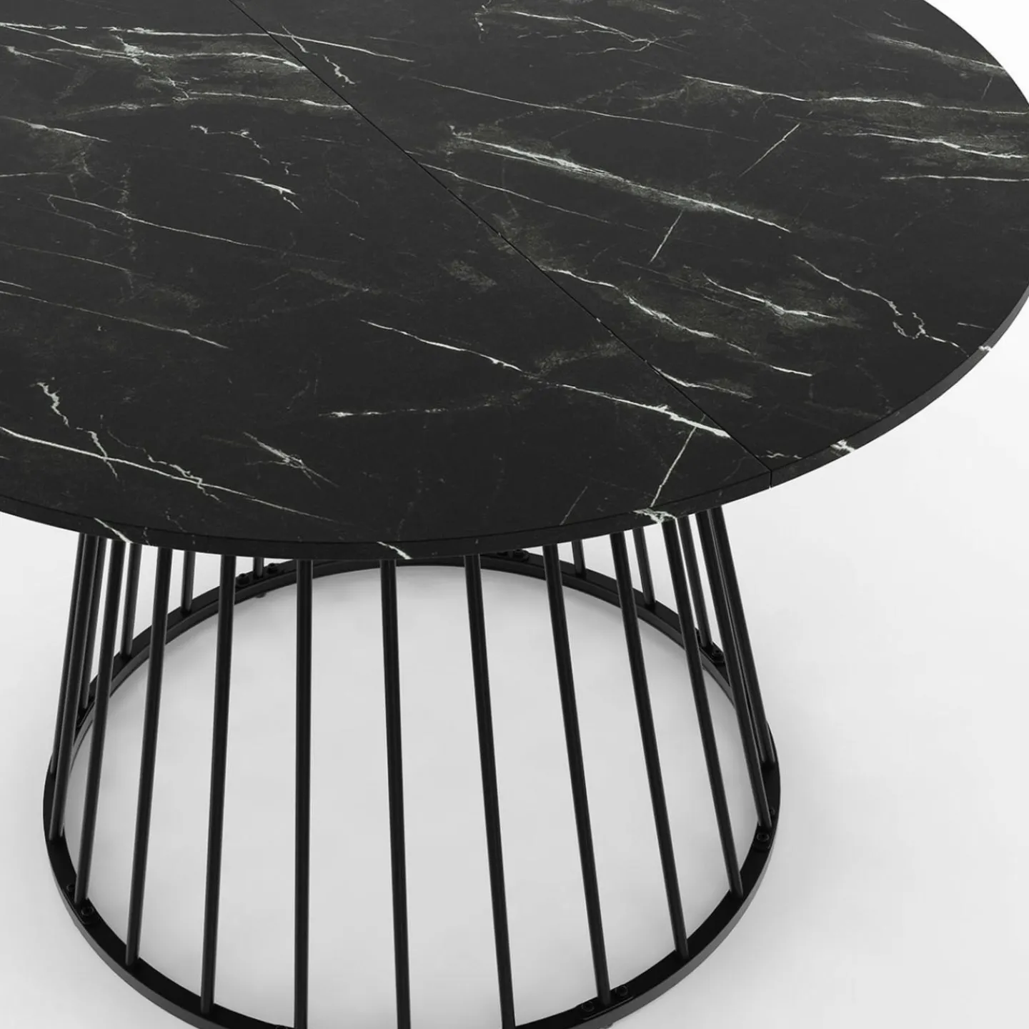 Table ronde à manger 110cm 6 personnes plateau effet marbre noir et pied filaire métal noir*IDMarket