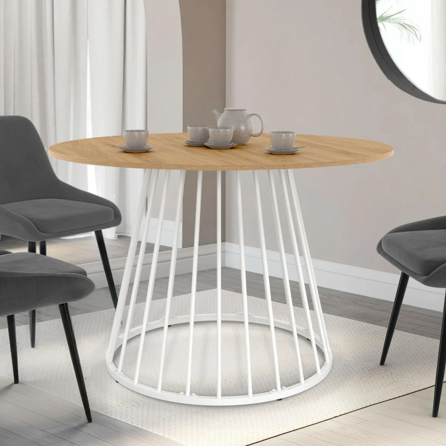 Table ronde à manger 110cm 6 personnes plateau bois et pied filaire métal blanc*IDMarket Online