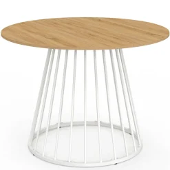 Table ronde à manger 110cm 6 personnes plateau bois et pied filaire métal blanc*IDMarket Online