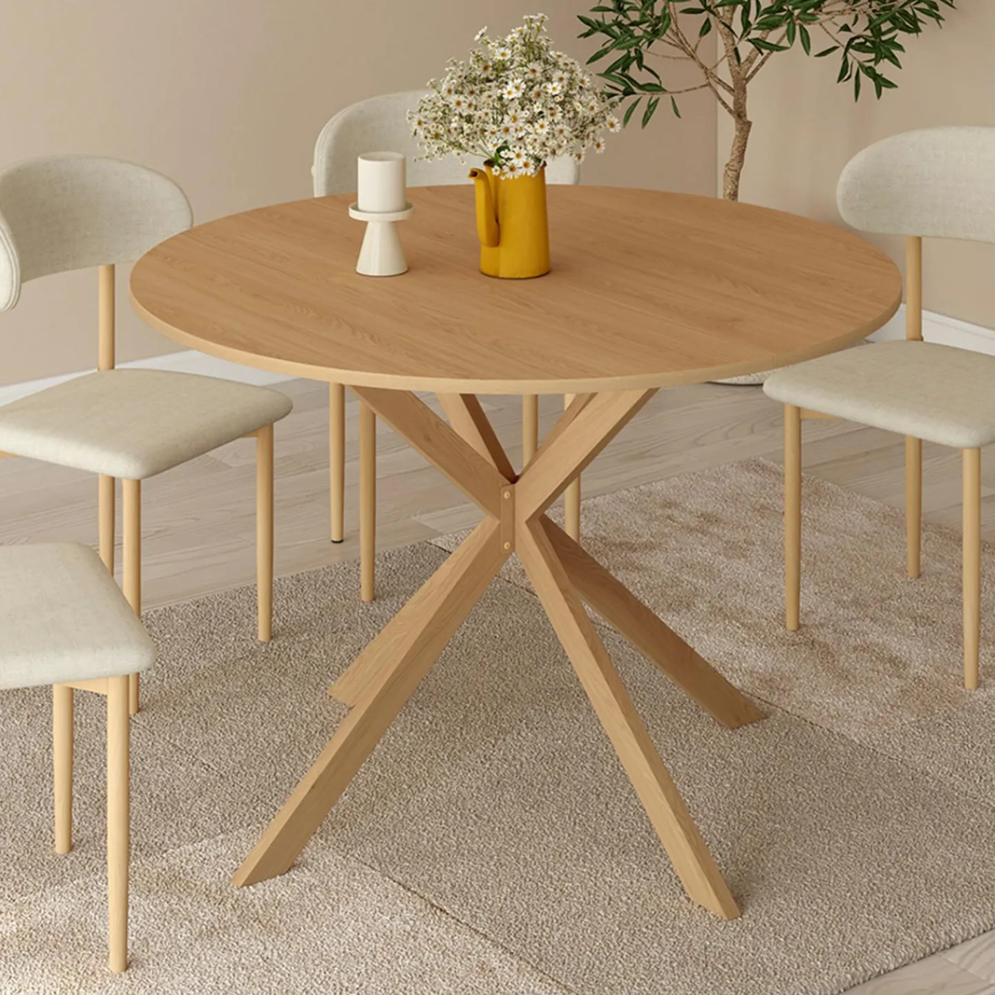 Table ronde 6 personnes bois effet hêtre 6 personnes 110 cm pied araignée*IDMarket