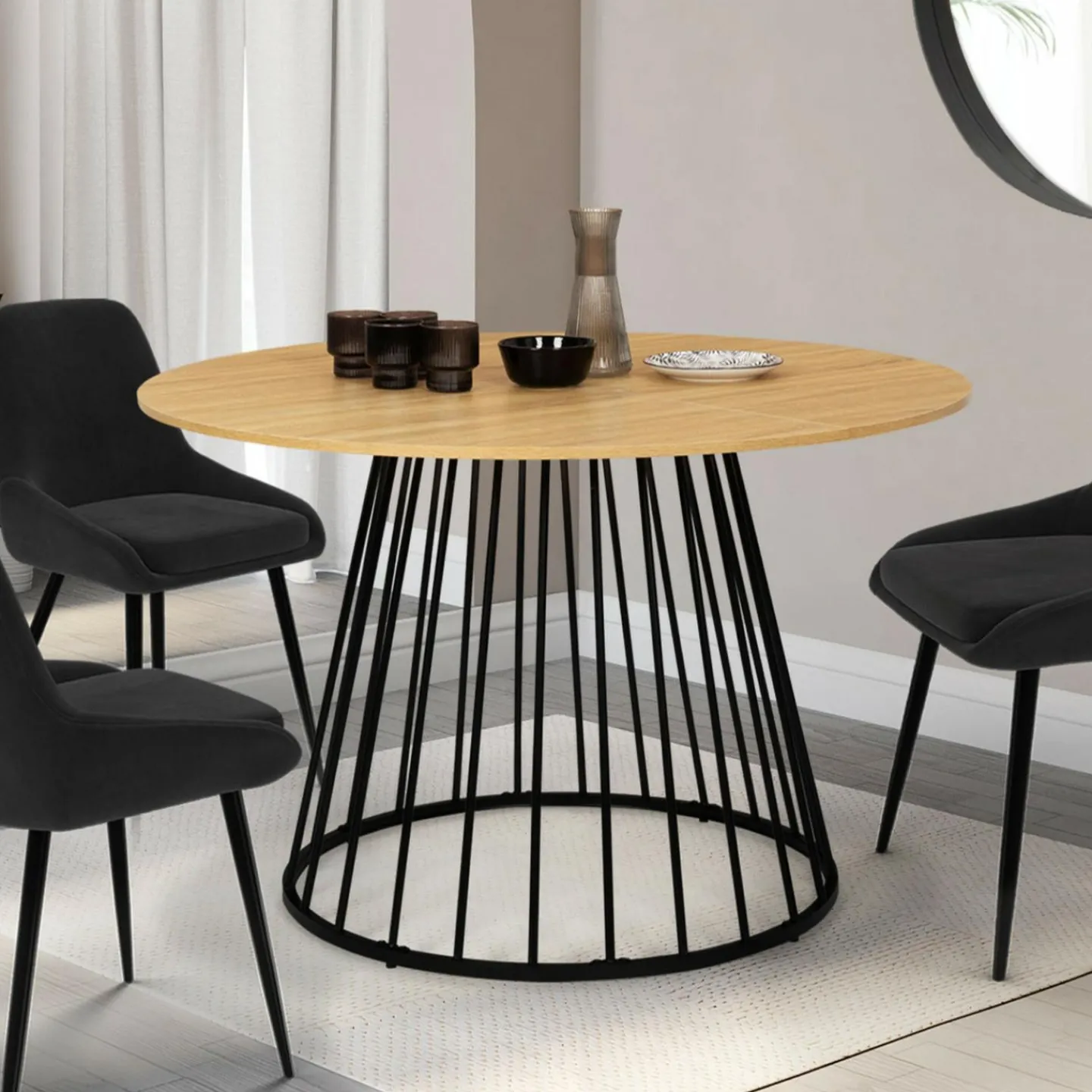 Table ronde pied filaire bois et noir 6 personnes*IDMarket Hot
