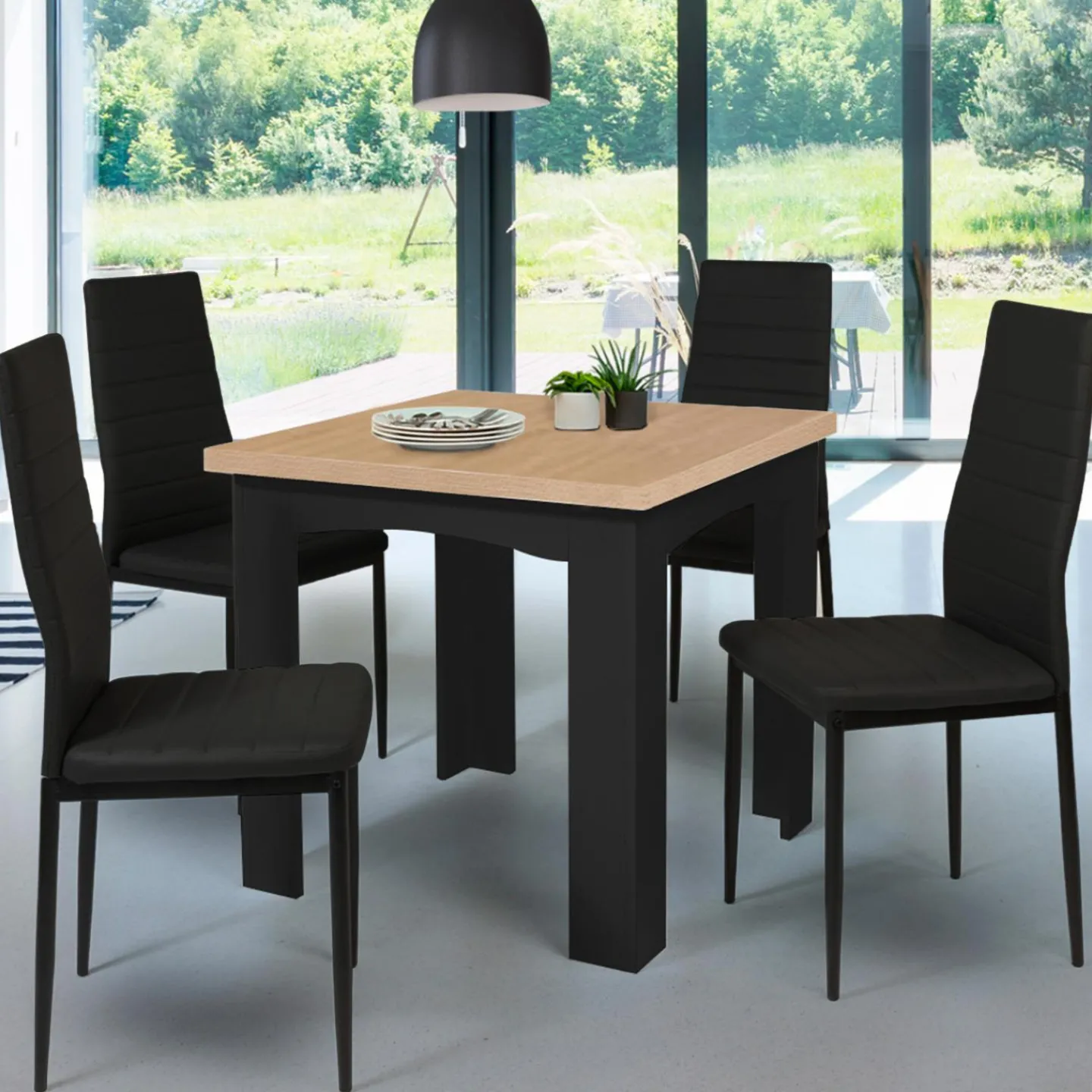 Table salle à manger extensible noire plateau façon hêtre*IDMarket Best