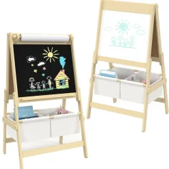 Tableau enfant 3 en 1 chevalet double face avec rouleau de papier et 2 paniers de rangement*IDMarket