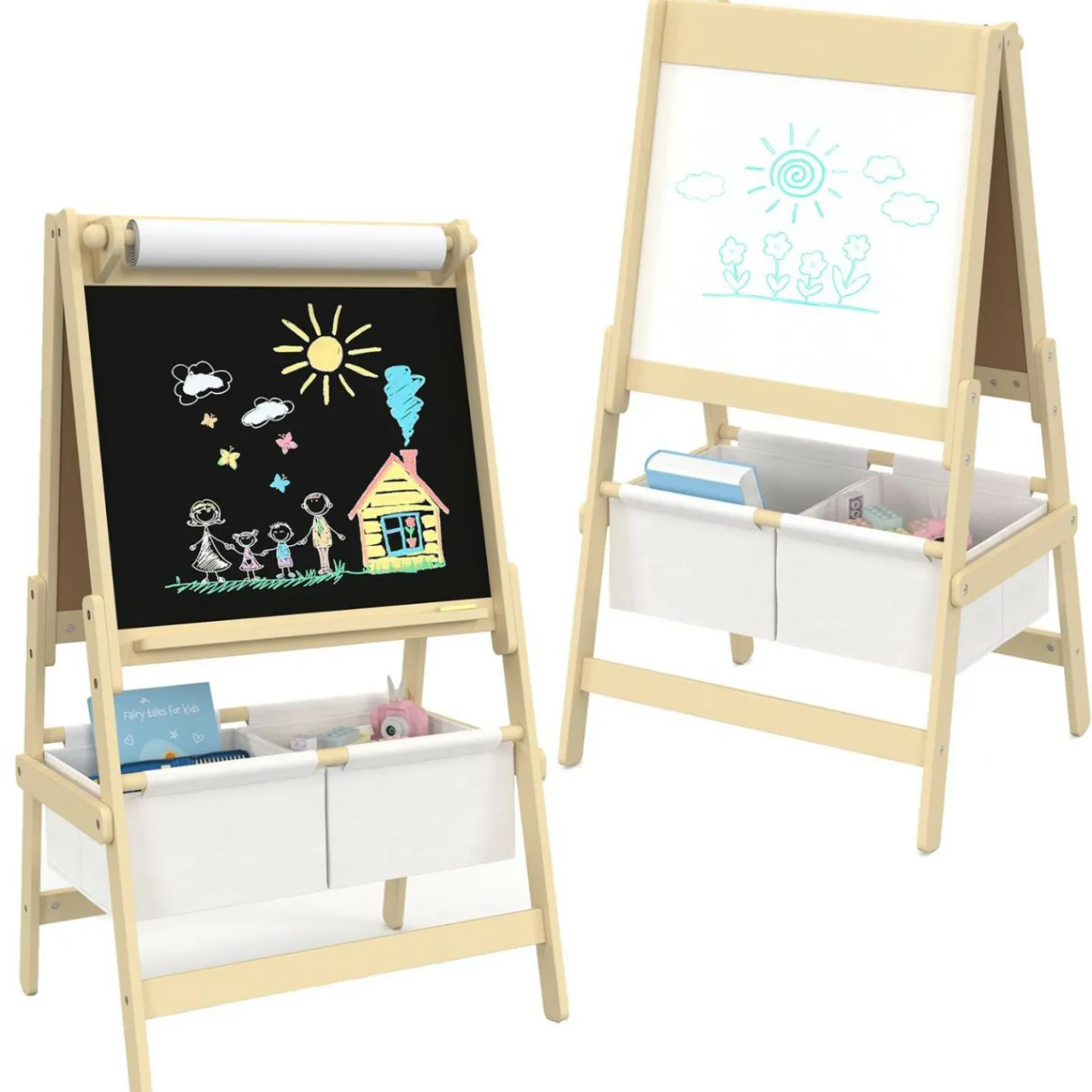Tableau enfant 3 en 1 chevalet double face avec rouleau de papier et 2 paniers de rangement*IDMarket