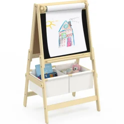 Tableau enfant 3 en 1 chevalet double face avec rouleau de papier et 2 paniers de rangement*IDMarket