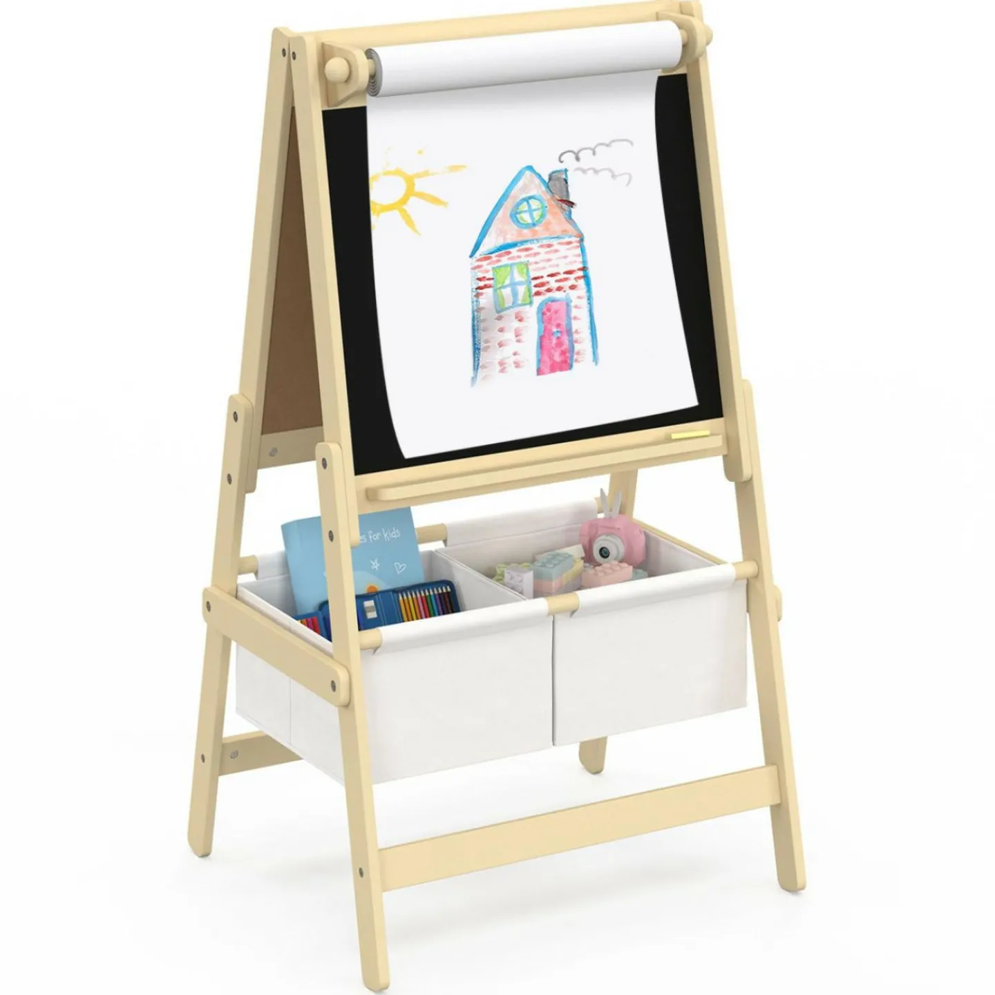 Tableau enfant 3 en 1 chevalet double face avec rouleau de papier et 2 paniers de rangement*IDMarket