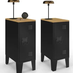 Tables de chevet industrielles plateau bois façon hêtre avec porte métal noir*IDMarket Discount