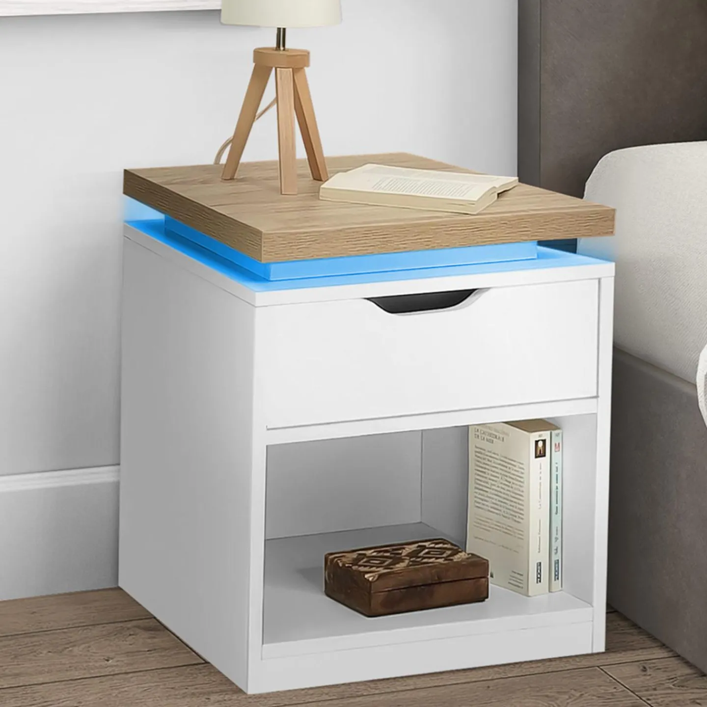 Tables de chevet LED avec tiroir blanc et plateau effet bois*IDMarket Sale