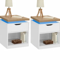 Tables de chevet LED avec tiroir blanc et plateau effet bois*IDMarket Sale
