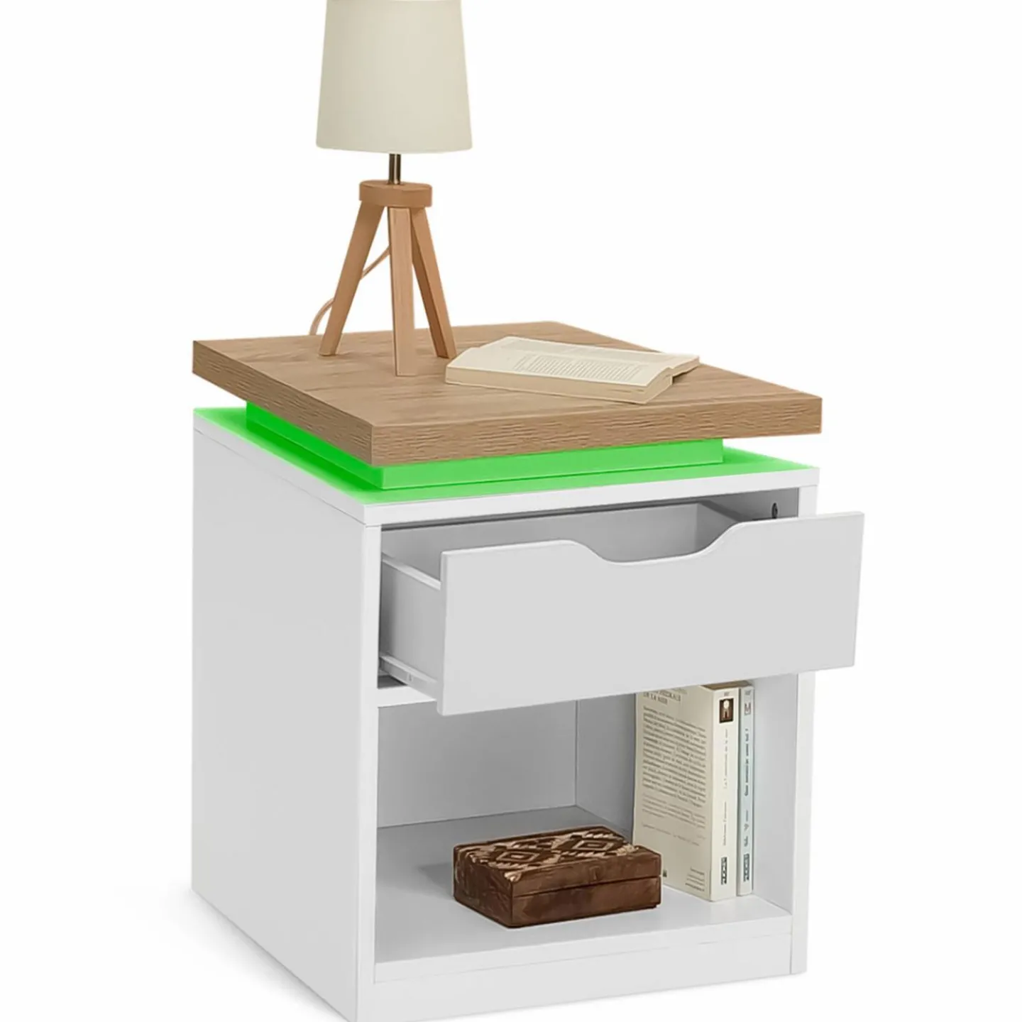 Tables de chevet LED avec tiroir blanc et plateau effet bois*IDMarket Sale