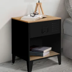 Tables de chevet noires bois façon hêtre et métal style industriel*IDMarket Outlet