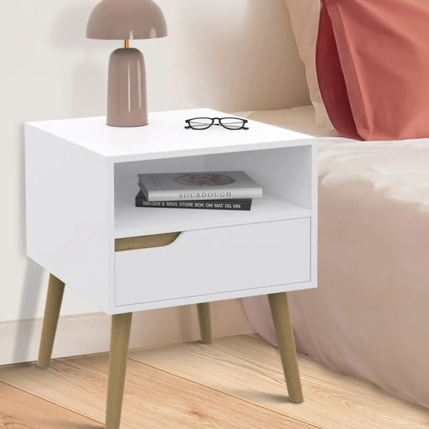 Tables de chevet scandinaves avec 1 tiroir blanches et bois*IDMarket Outlet