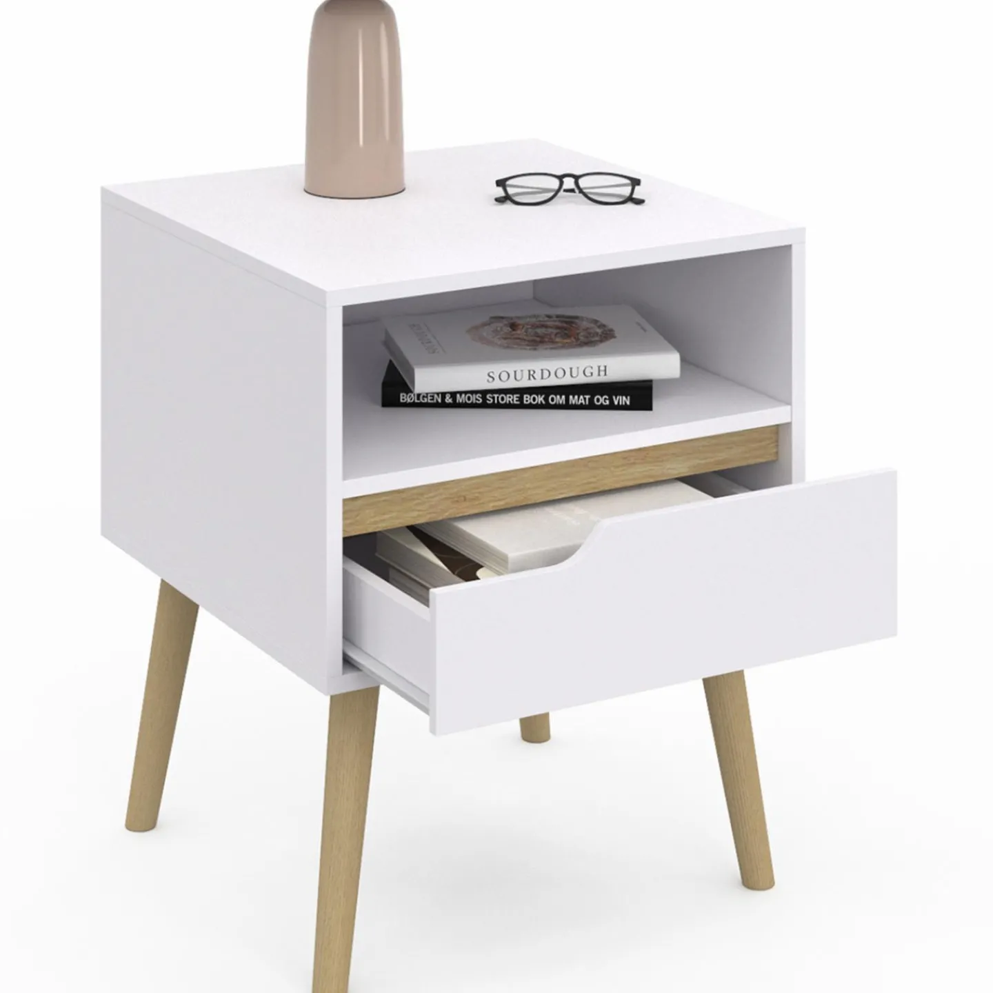 Tables de chevet scandinaves avec 1 tiroir blanches et bois*IDMarket Outlet