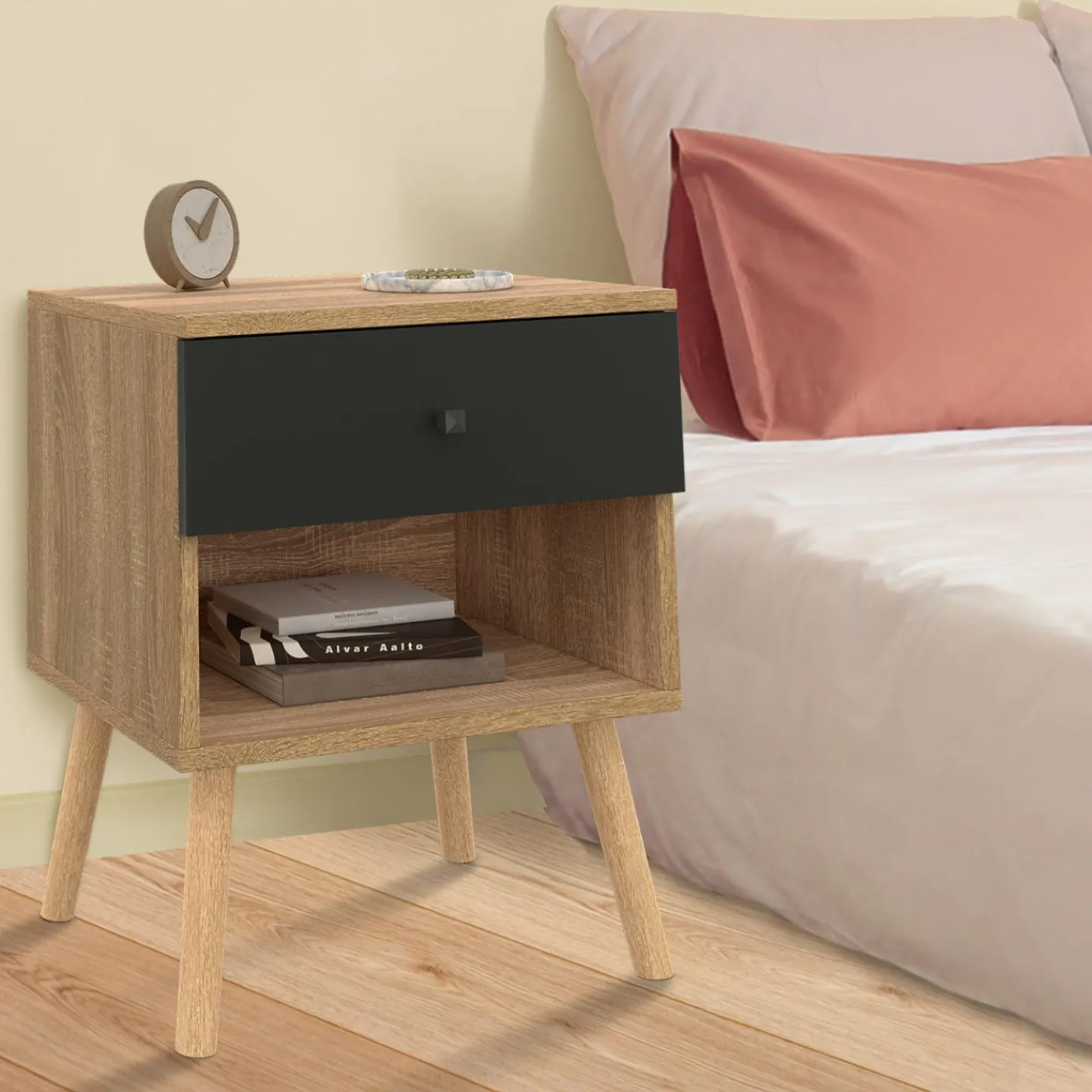 Tables de chevet scandinaves hêtre et noir : lot de 2*IDMarket Online