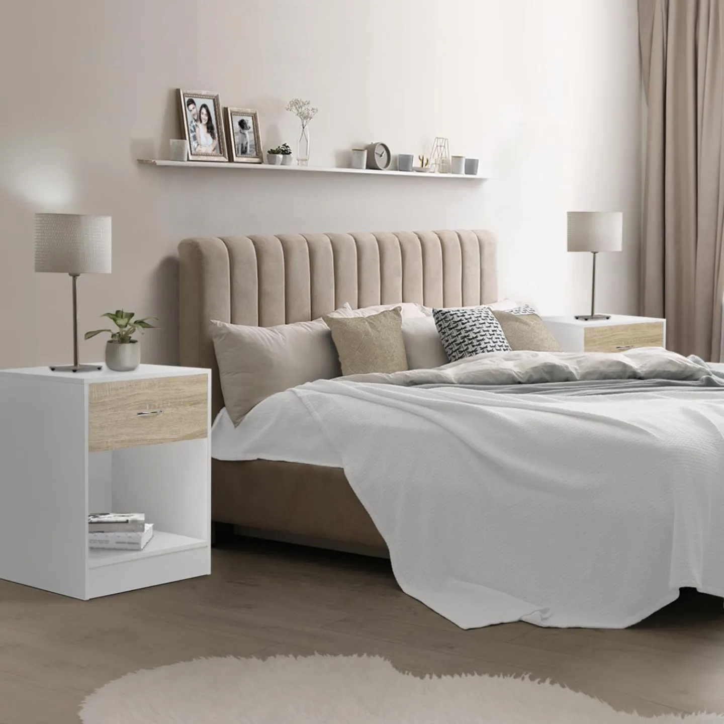 Tables de nuit en bois blanc et façon hêtre avec tiroir*IDMarket Best