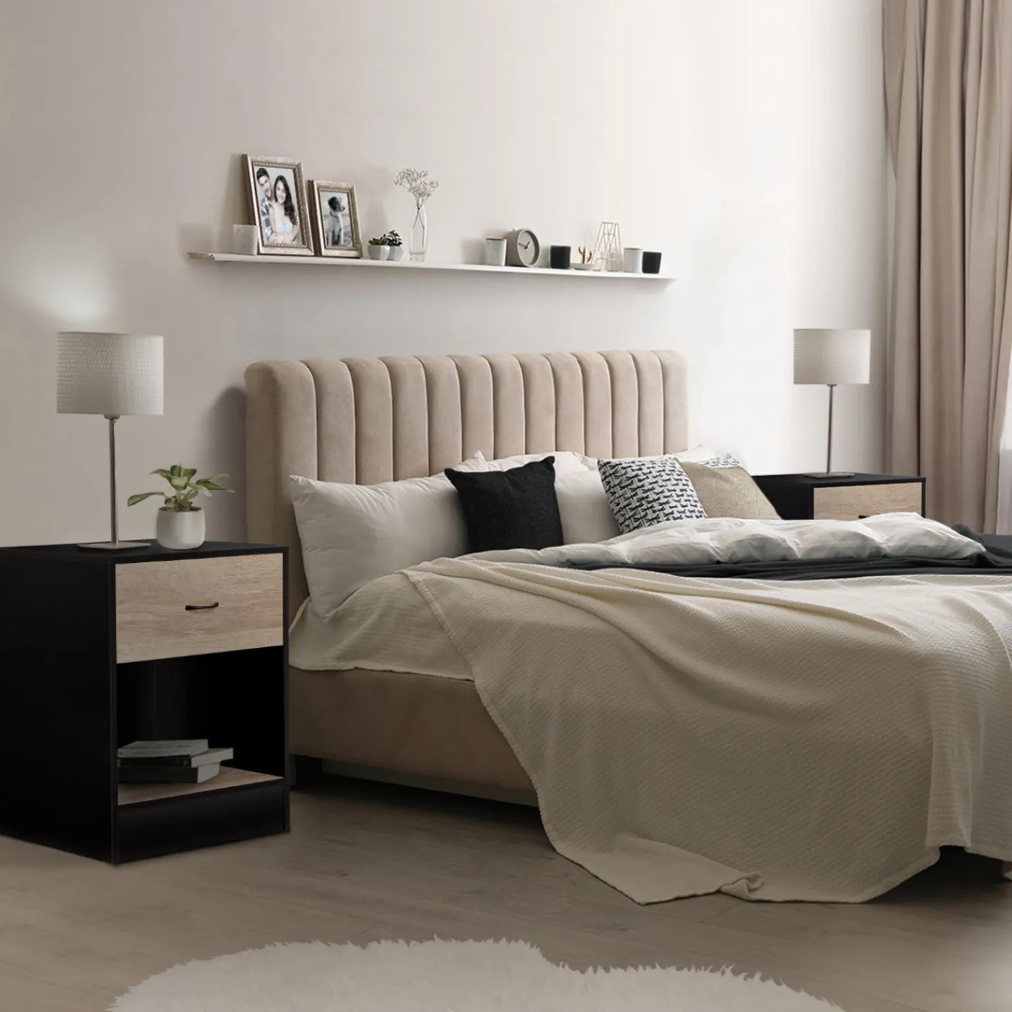 Tables de nuit en bois noir et façon hêtre avec tiroir*IDMarket