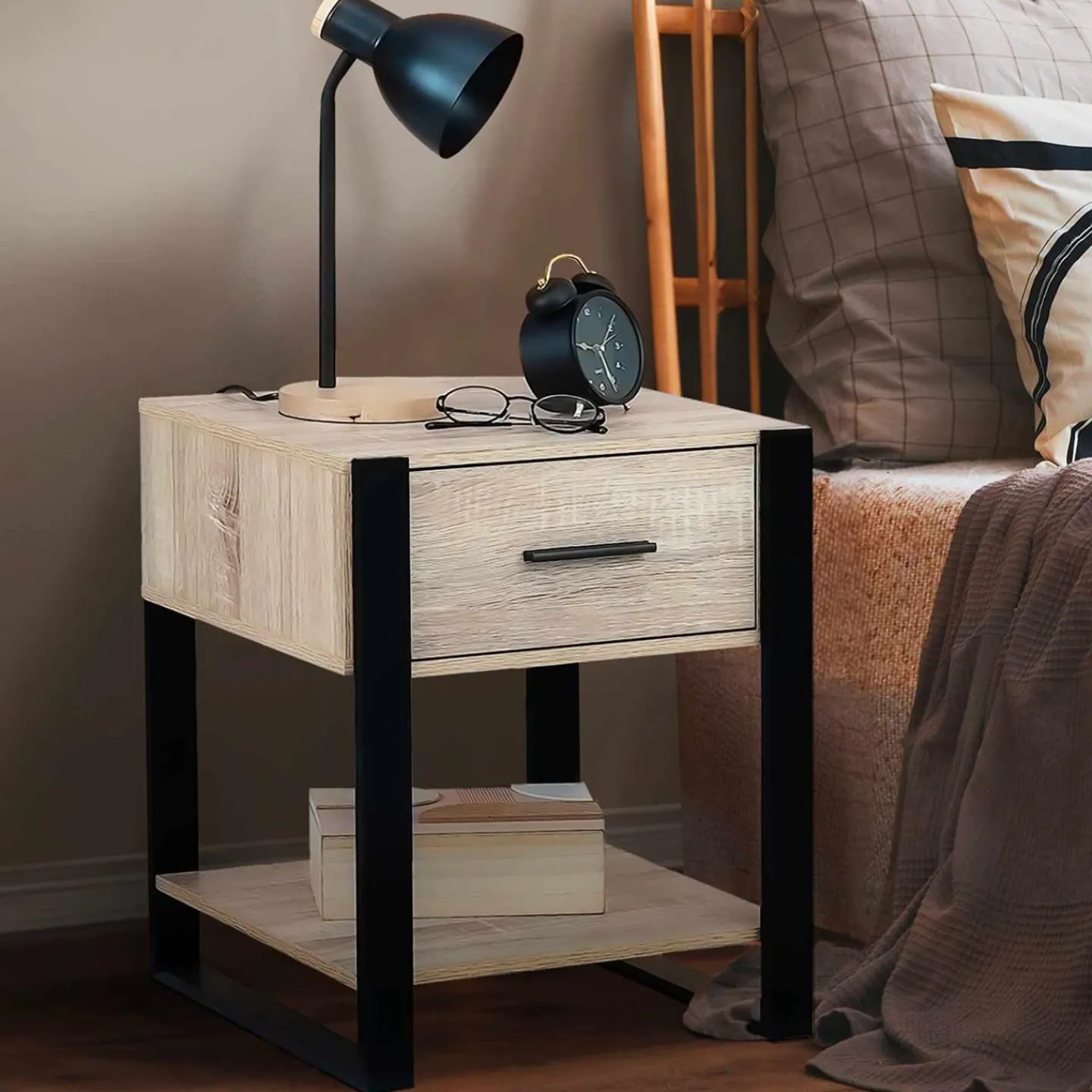 Tables de nuit industrielles bois et noir 1 tiroir*IDMarket Discount