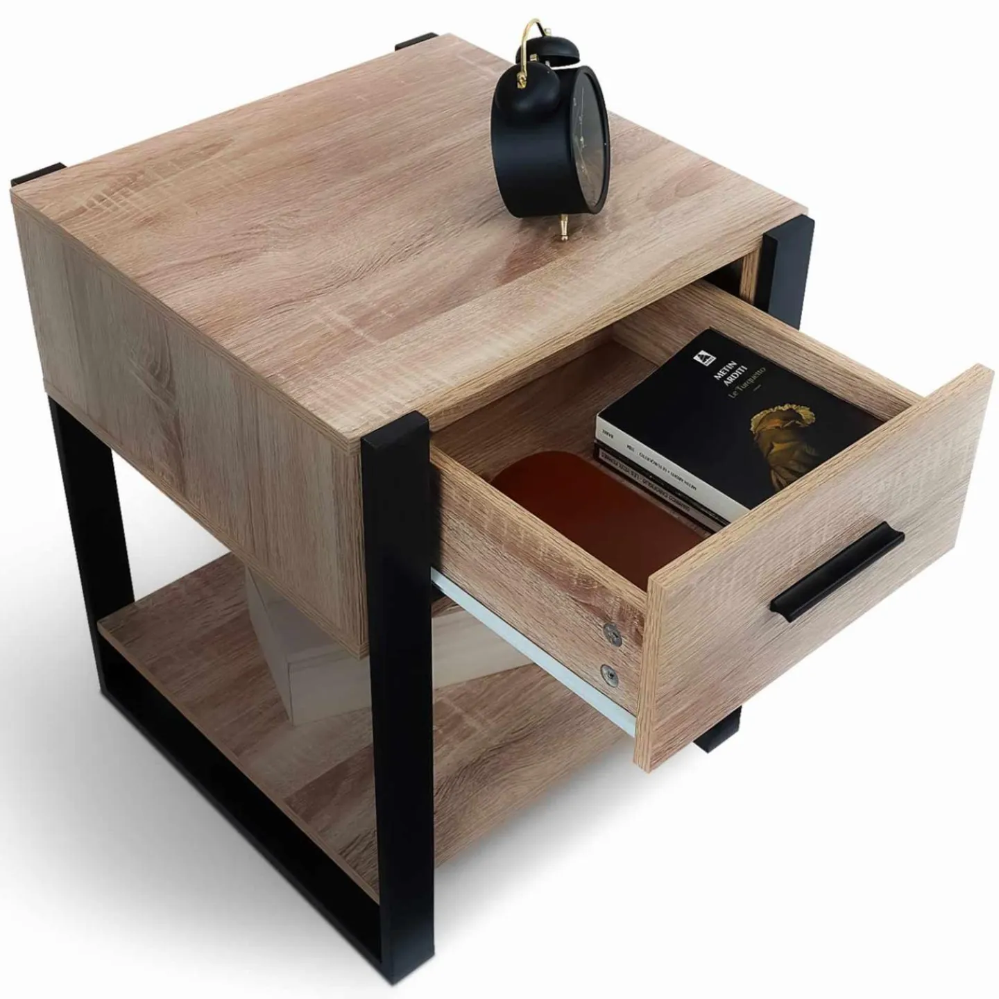 Tables de nuit industrielles bois et noir 1 tiroir*IDMarket Discount