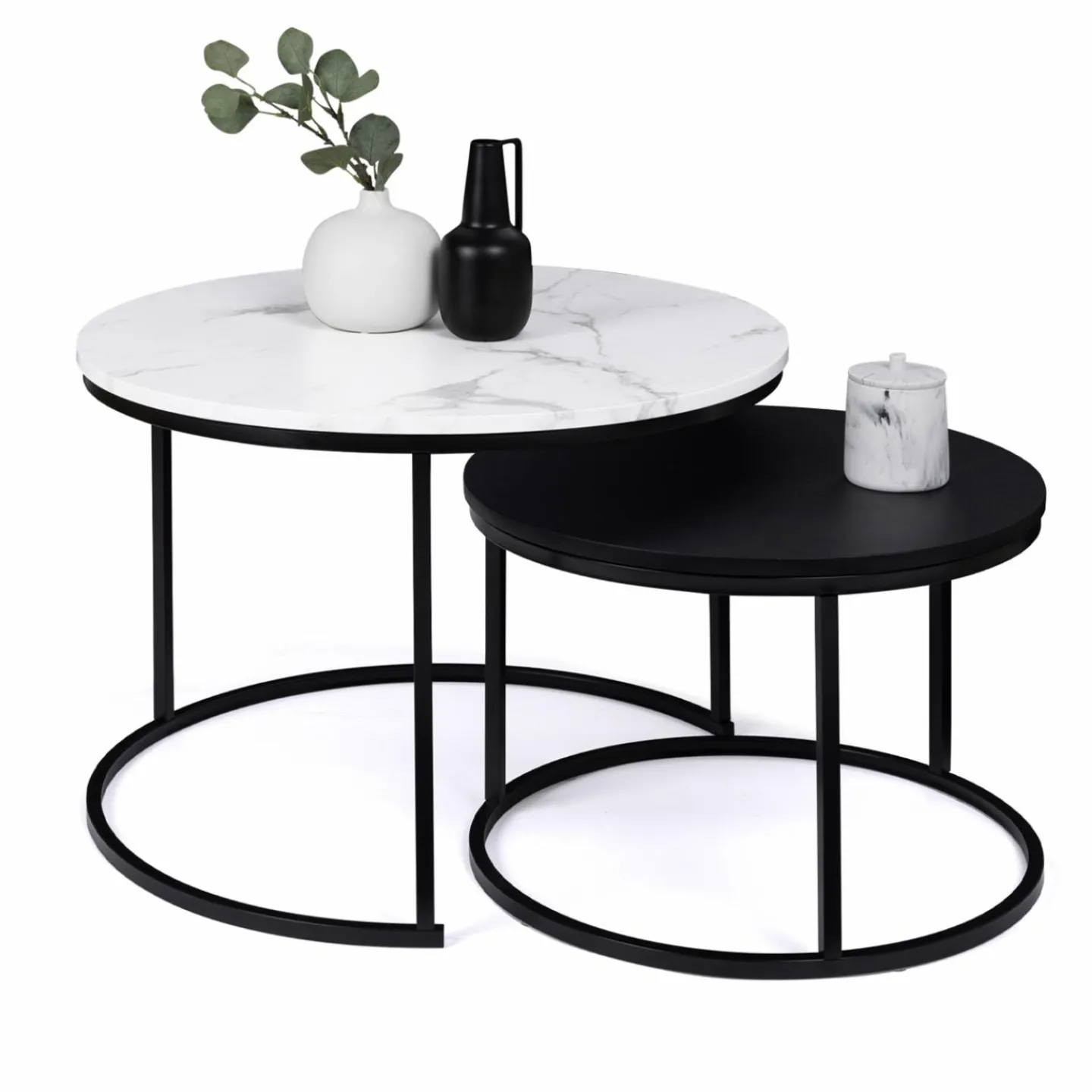Tables gigognes rondes effet marbre et bois noir*IDMarket Outlet