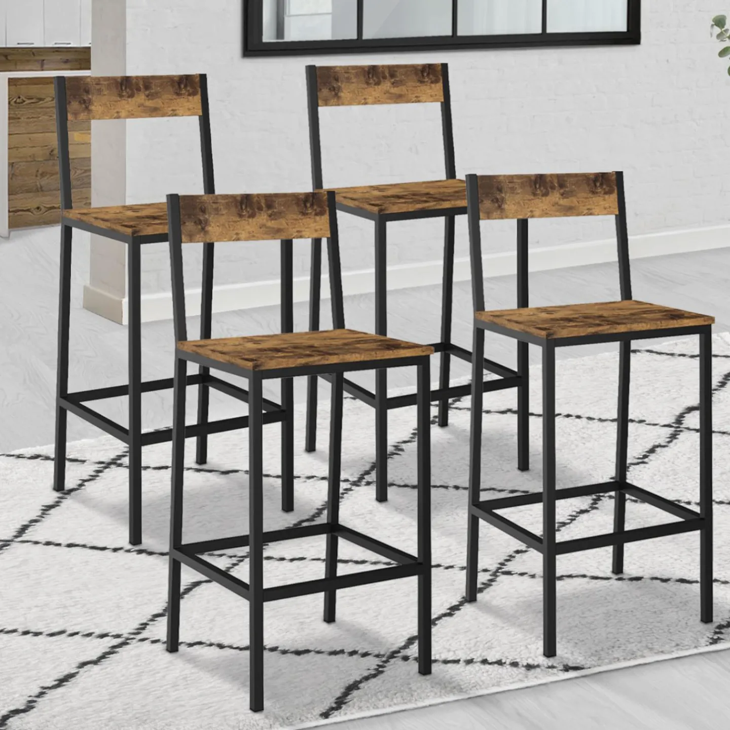 Tabourets de bar avec dossier style industriel bois foncé et noir*IDMarket Hot