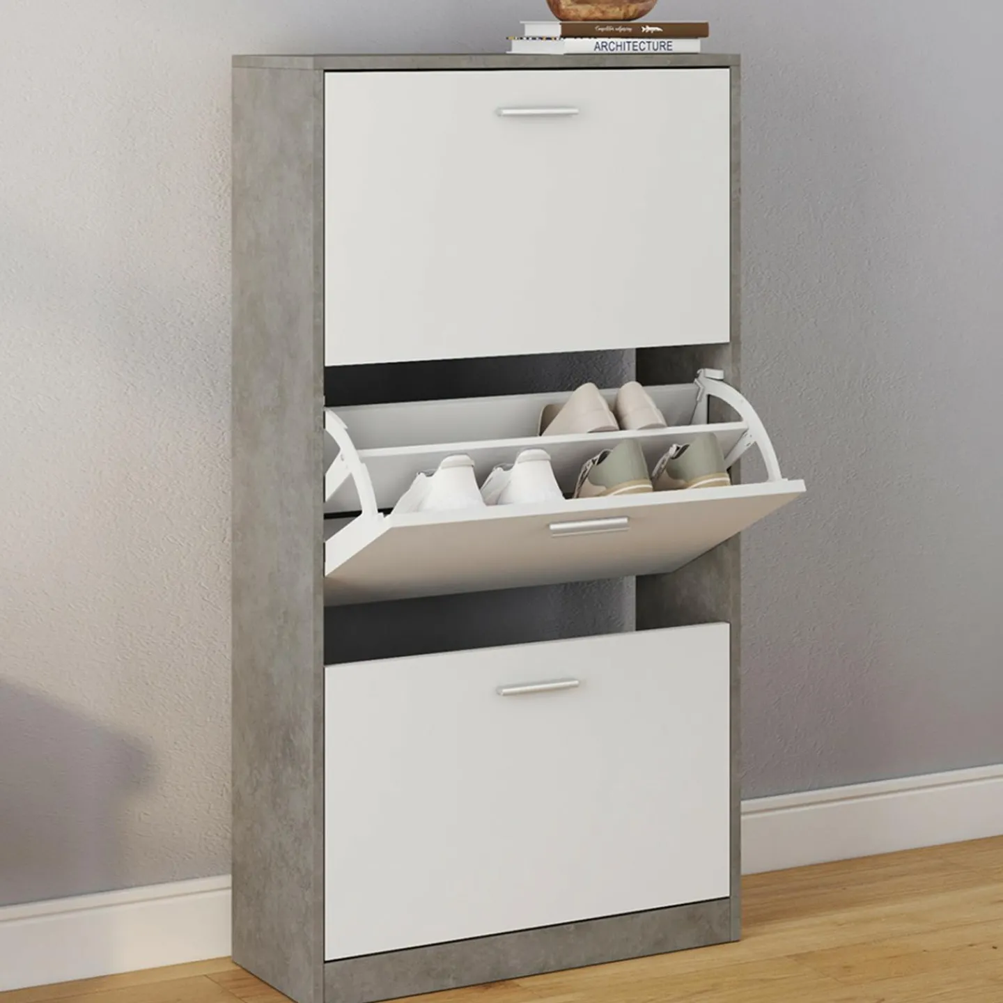 Étagère à chaussures grise 3 portes blanches*IDMarket Discount