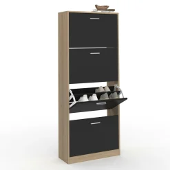 Étagère à chaussures imitation hêtre avec 4 portes noires*IDMarket Outlet