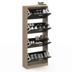 Étagère à chaussures imitation hêtre avec 4 portes noires*IDMarket Outlet