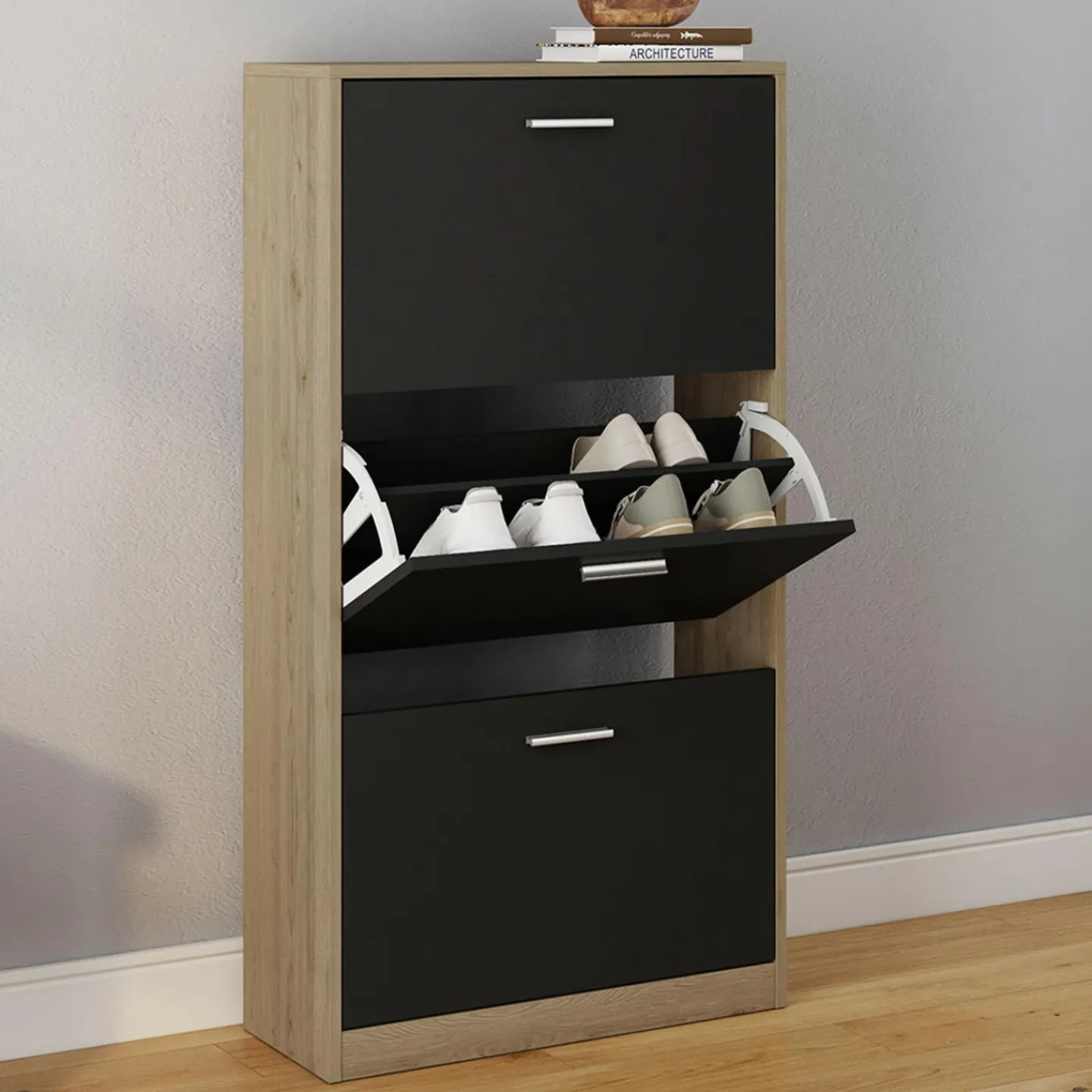 Étagère à chaussures imitation hêtre et portes noires*IDMarket Outlet