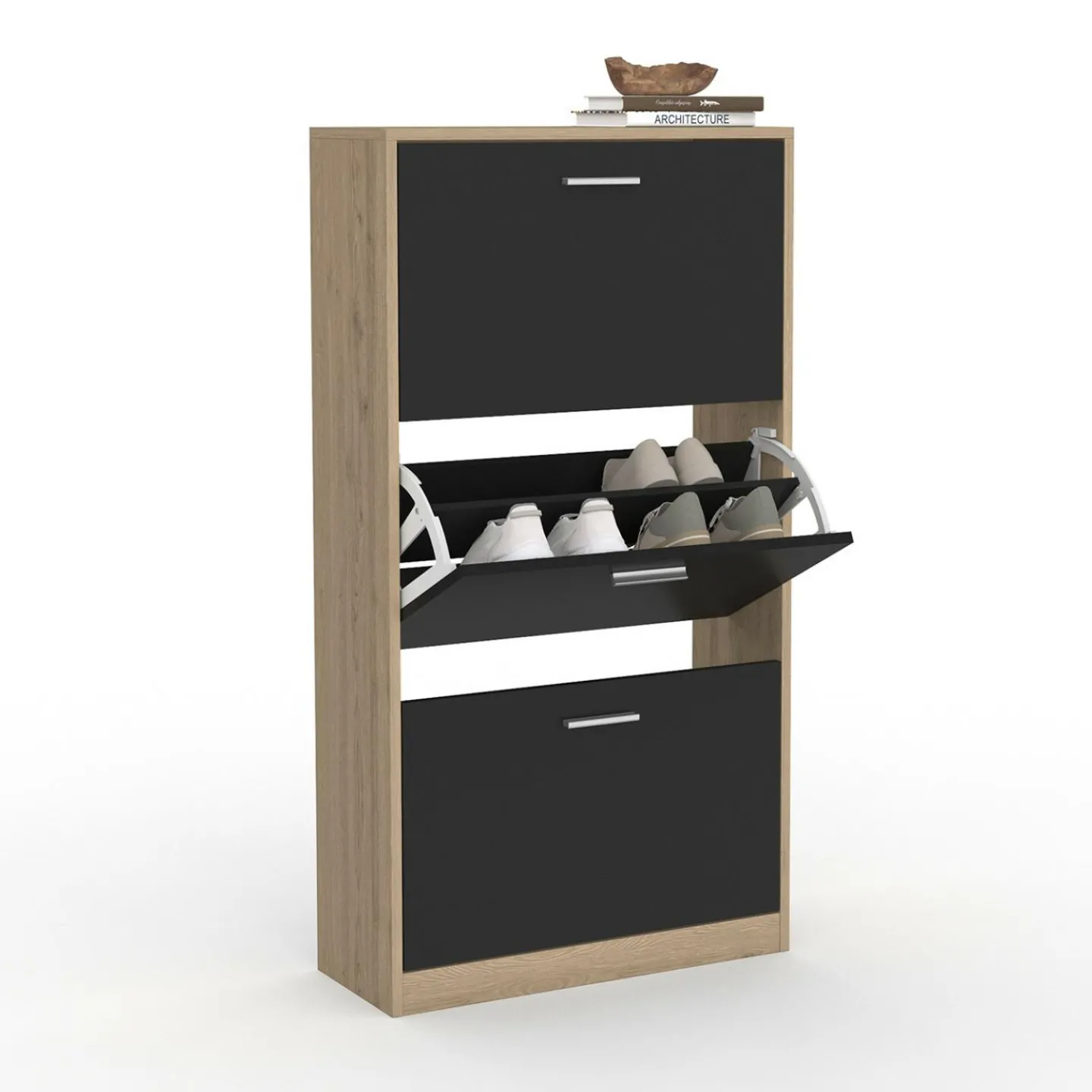 Étagère à chaussures imitation hêtre et portes noires*IDMarket Outlet