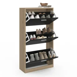 Étagère à chaussures imitation hêtre et portes noires*IDMarket Outlet