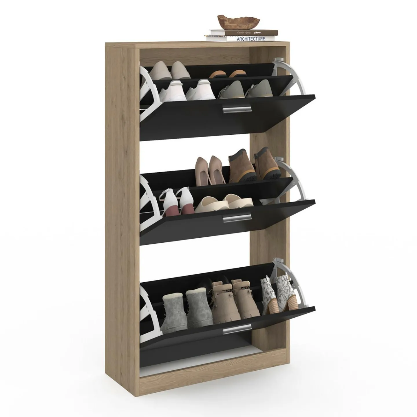 Étagère à chaussures imitation hêtre et portes noires*IDMarket Outlet