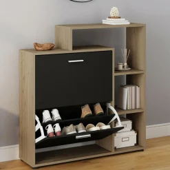 Étagère à chaussures imitation hêtre avec 2 portes noires*IDMarket Outlet