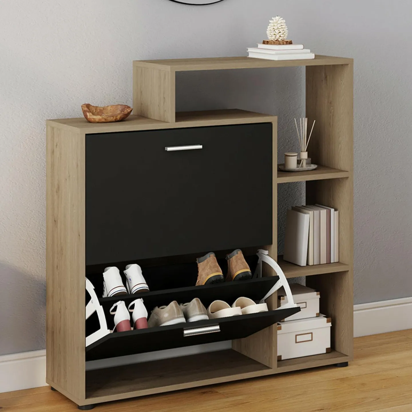 Étagère à chaussures imitation hêtre avec 2 portes noires*IDMarket Outlet