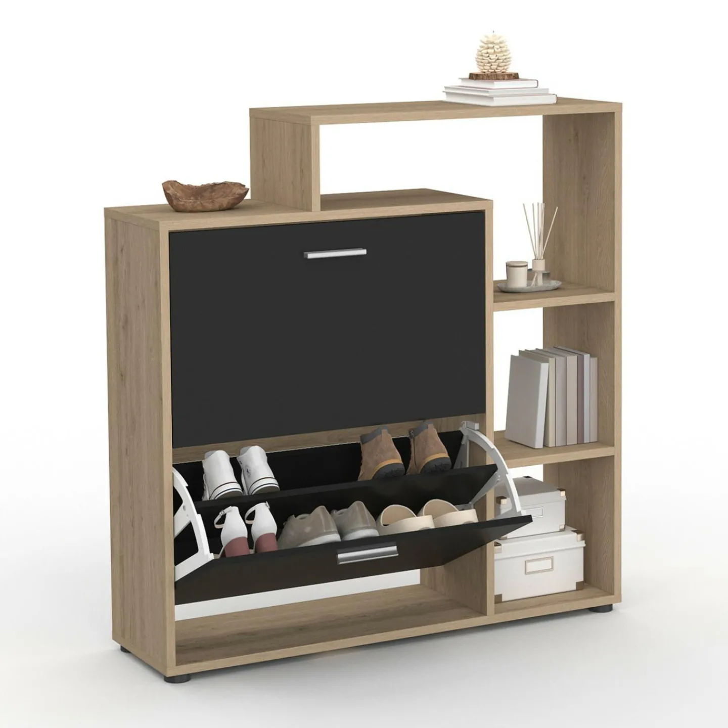 Étagère à chaussures imitation hêtre avec 2 portes noires*IDMarket Outlet