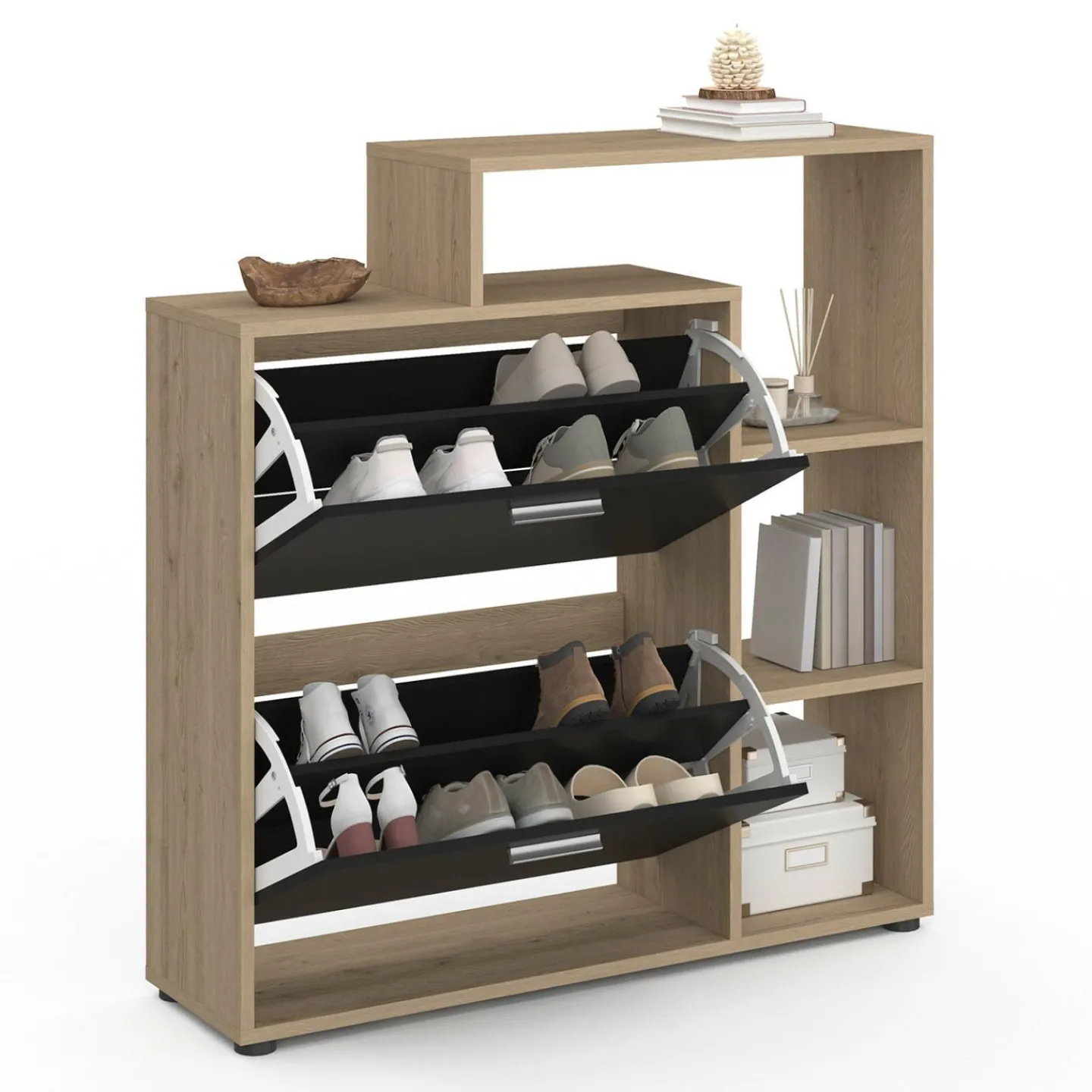 Étagère à chaussures imitation hêtre avec 2 portes noires*IDMarket Outlet