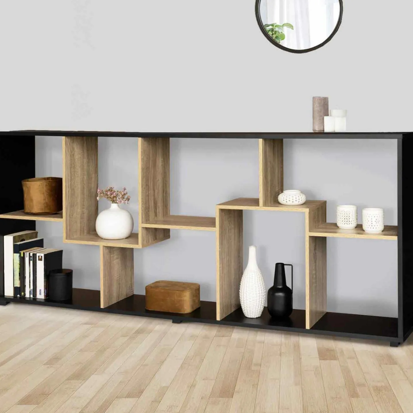 Étagère 161 cm double position bois imitation hêtre et noir*IDMarket