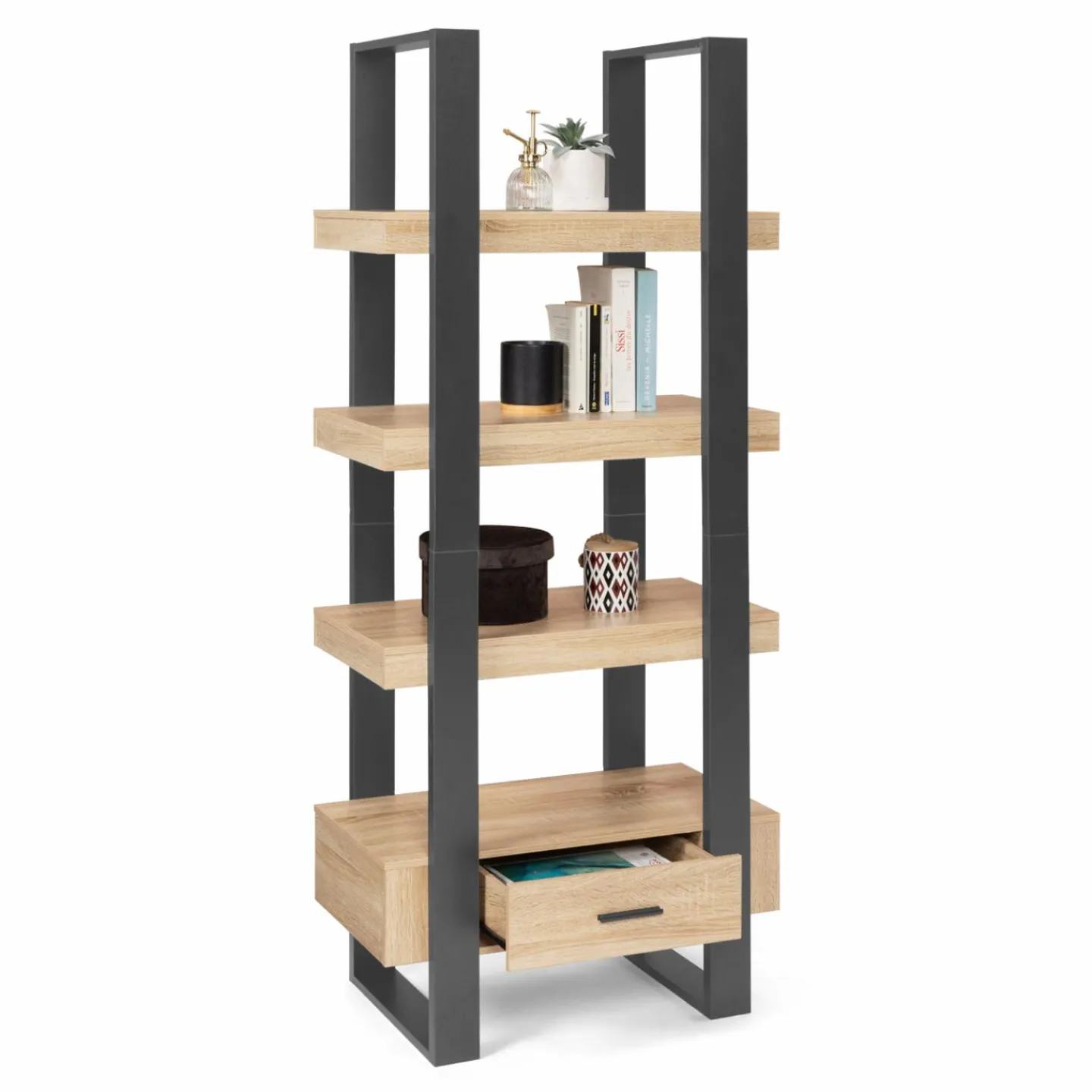 Étagère 4 niveaux industrielle bois et noir avec tiroir*IDMarket Online
