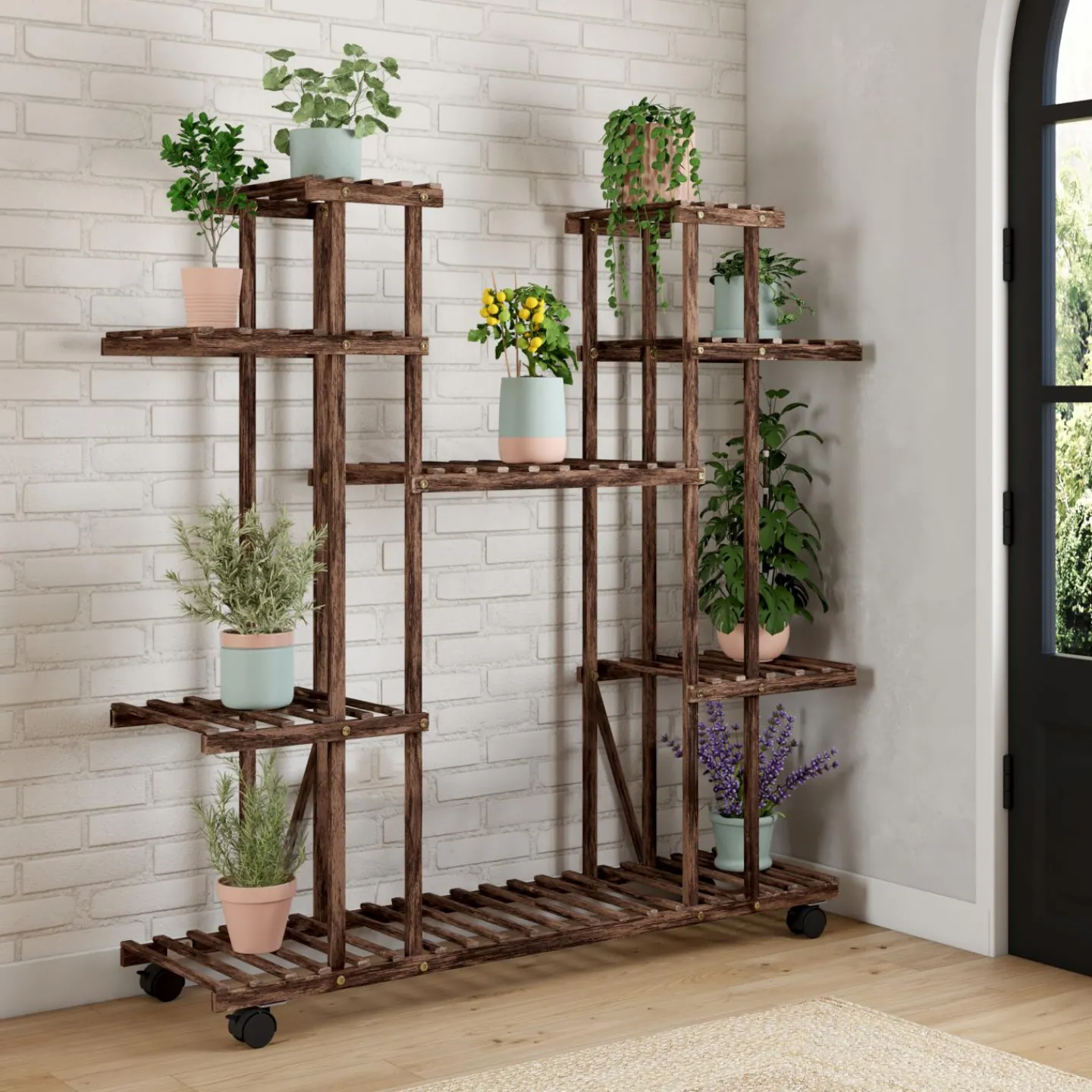 Étagère à pots de fleurs en bois de sapin 8 niveaux et roulettes*IDMarket Clearance