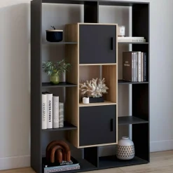 Étagère bibliothèque 11 compartiments noir et effet bois*IDMarket Online