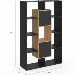 Étagère bibliothèque 11 compartiments noir et effet bois*IDMarket Online