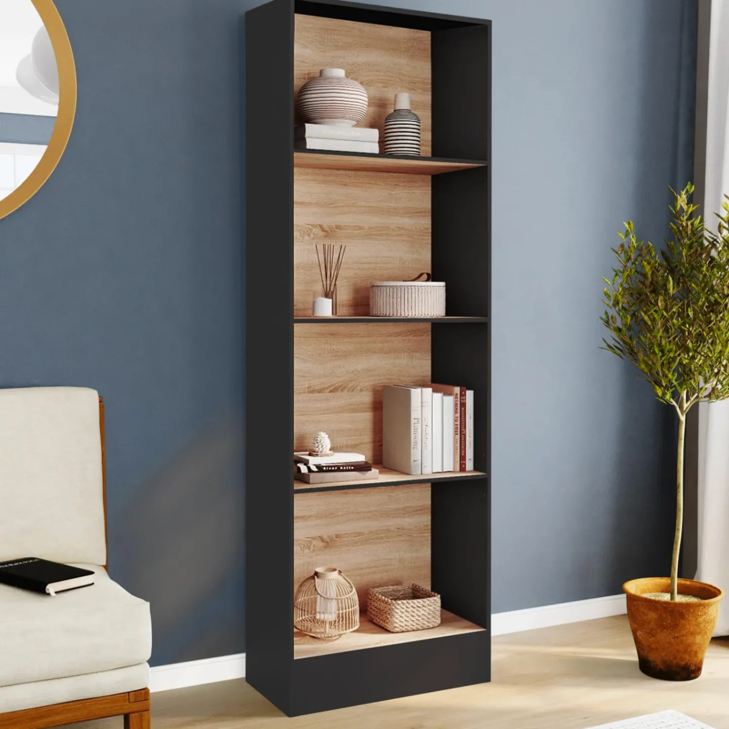 Étagère bibliothèque 5 niveaux noir et effet bois H.190cm*IDMarket Outlet