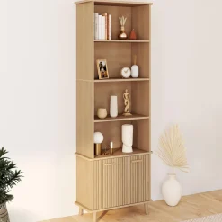Étagère bibliothèque bois coloris chêne 4 niveaux avec placard lattes tasseau*IDMarket Hot
