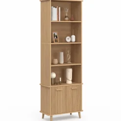 Étagère bibliothèque bois coloris chêne 4 niveaux avec placard lattes tasseau*IDMarket Hot