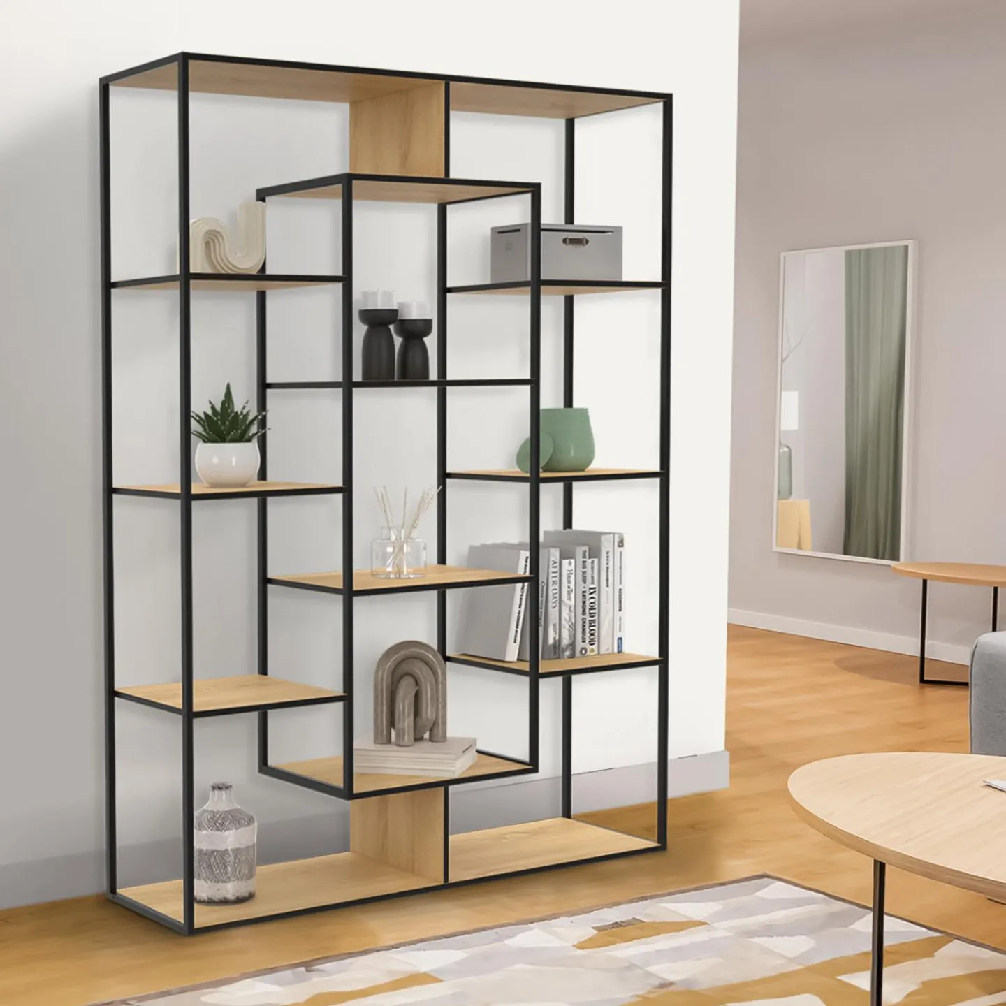 Étagère bibliothèque bois et métal 143 cm 11 compartiments style industriel*IDMarket